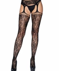 Leg Avenue Women's Gardenia Lace Stockings With Net Top And Attached Garter Belt Garterbelt Stockings And Suspender Hose