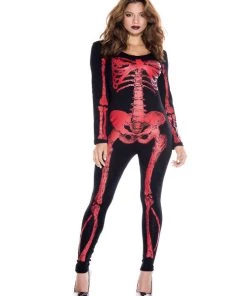 Music Legs Skeleton Red Print Catsuit Women Costume
