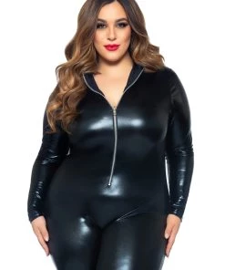 Leg Avenue Wet Look Faux Leather Zipper Front Catsuit