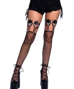 Leg Avenue Bat O-ring Studded Thigh High Garter Suspender With Chain Detail Festival & Rave