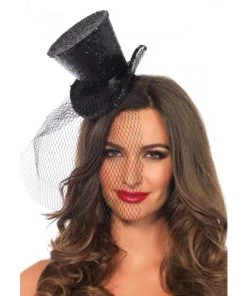 Leg Avenue Mini Glitter Top Hat With Fishnet Veil
