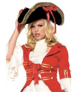 Leg Avenue Pirate Hat With Thick Gold Trim And Satin Ribbons