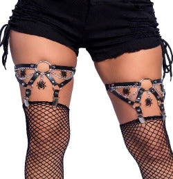 Leg Avenue Spider O-ring Studded Thigh High Garter Suspender With Chain Detail. 4 Leg Avenue Spider O-ring Studded Thigh High Garter Suspender With Chain Detail.