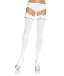 Leg Avenue Opaque Thigh Highs With Satin Ruffle Trim And Bow
